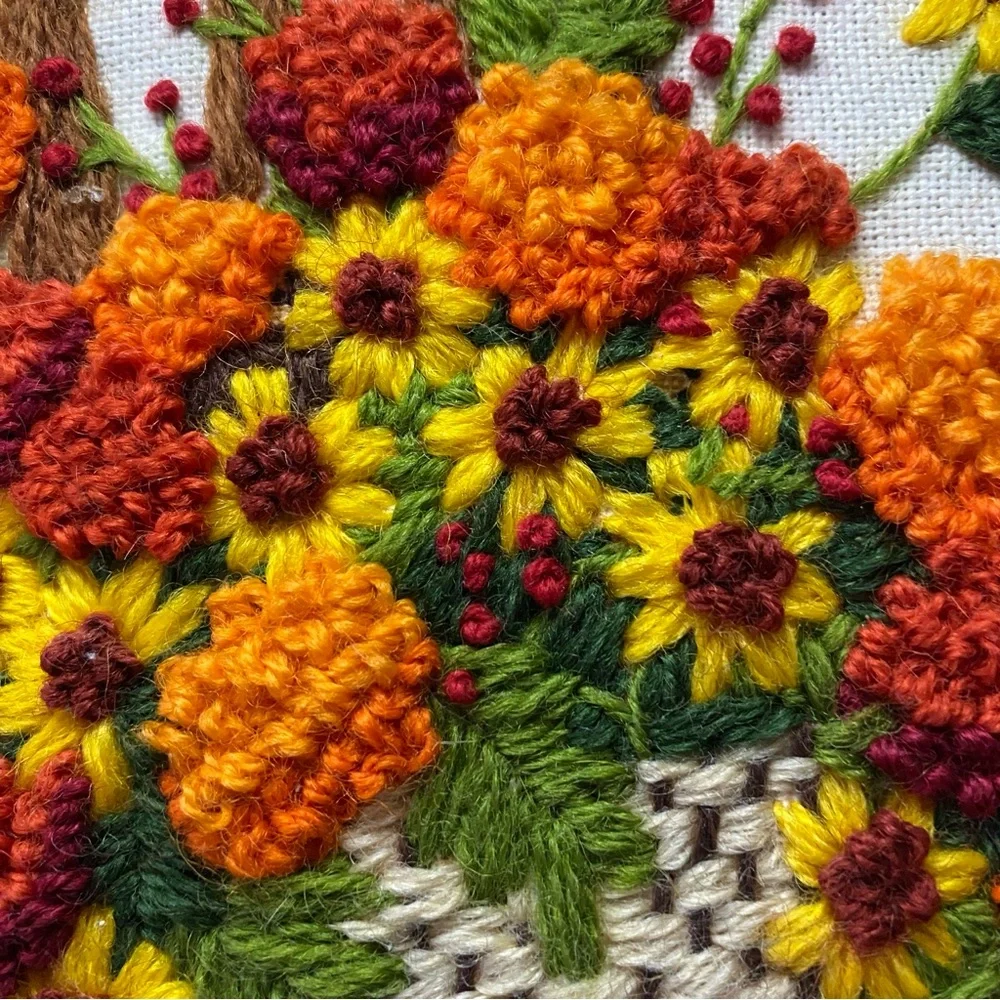 Vintage Crewel Floral Embroidered Art with Wooden Frame - Picture 5 of 7